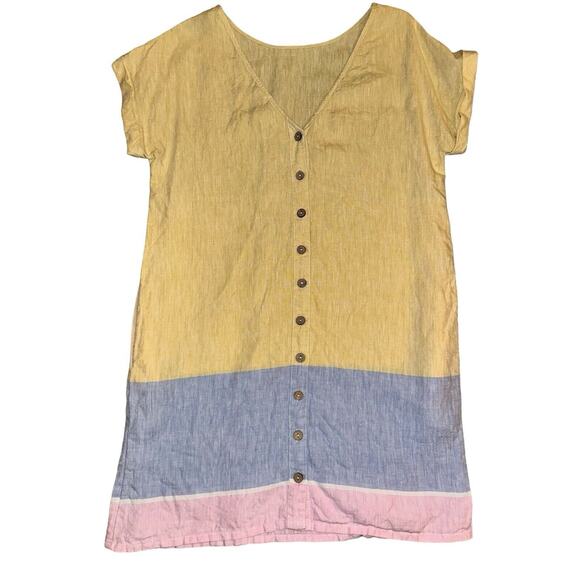 C&C California Yellow Blue Pink 100% linen Knee Length dress. Size M‎ - Picture 9 of 11